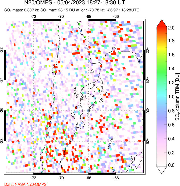 A sulfur dioxide image over Northern Chile on May 04, 2023.