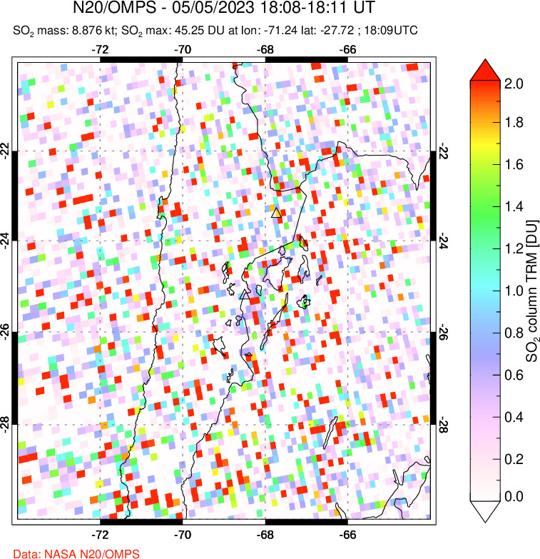 A sulfur dioxide image over Northern Chile on May 05, 2023.