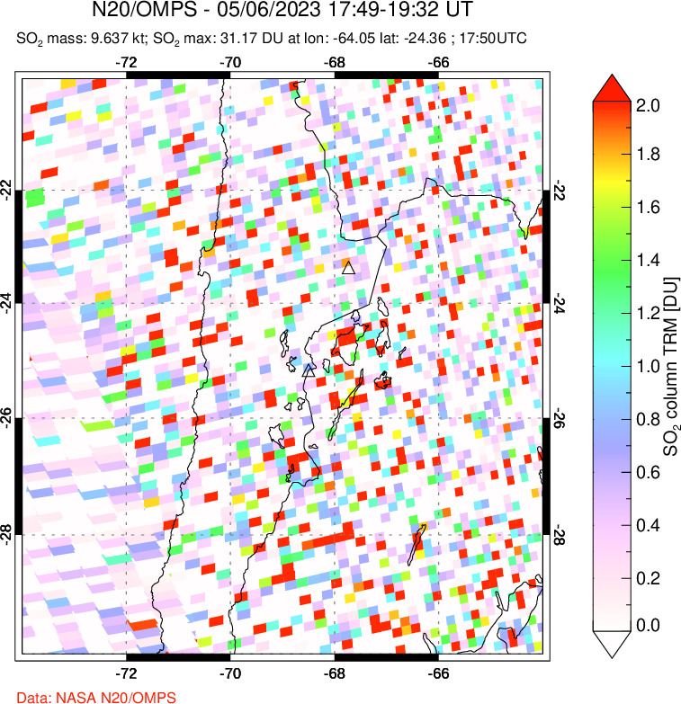 A sulfur dioxide image over Northern Chile on May 06, 2023.