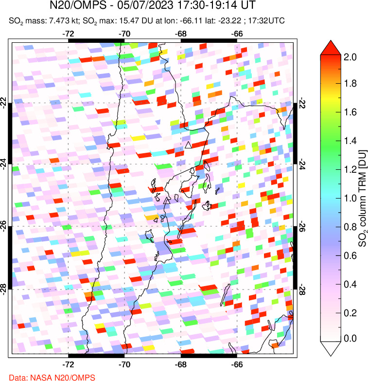 A sulfur dioxide image over Northern Chile on May 07, 2023.