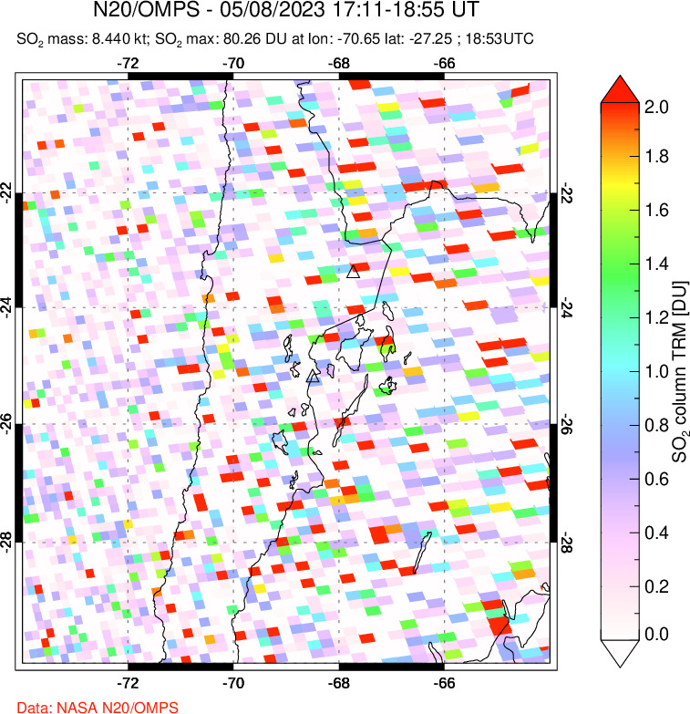 A sulfur dioxide image over Northern Chile on May 08, 2023.