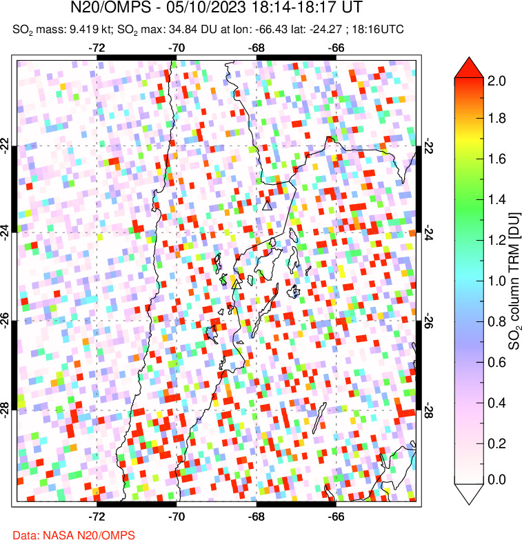 A sulfur dioxide image over Northern Chile on May 10, 2023.