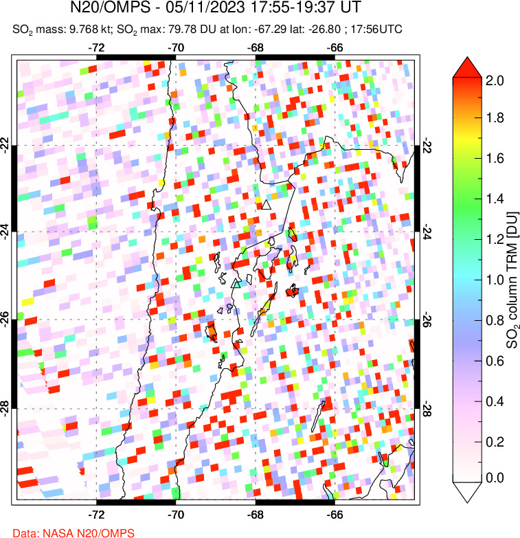 A sulfur dioxide image over Northern Chile on May 11, 2023.