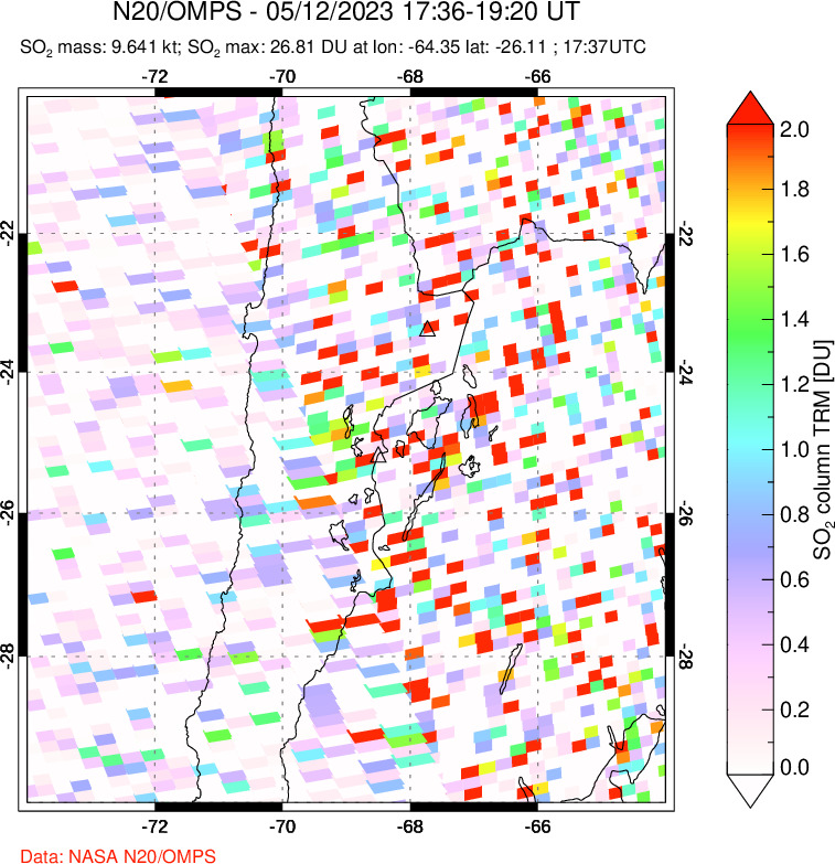 A sulfur dioxide image over Northern Chile on May 12, 2023.