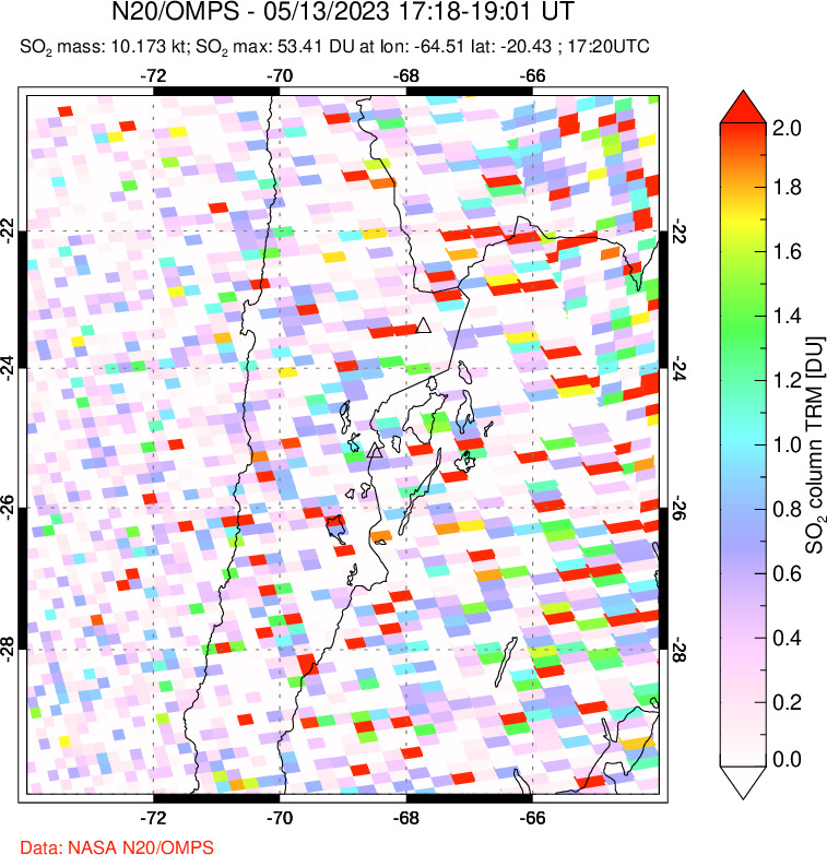 A sulfur dioxide image over Northern Chile on May 13, 2023.