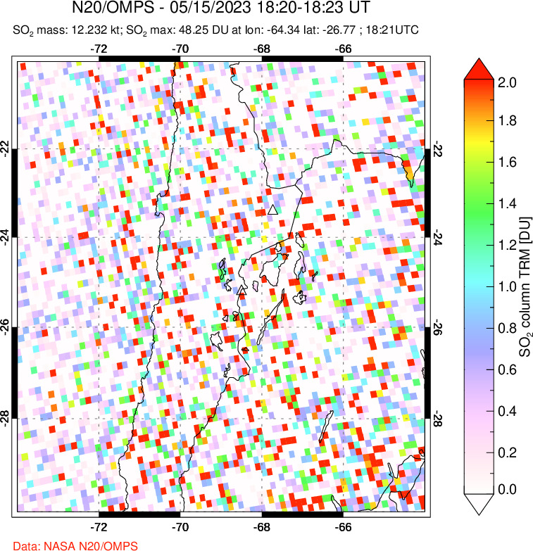 A sulfur dioxide image over Northern Chile on May 15, 2023.