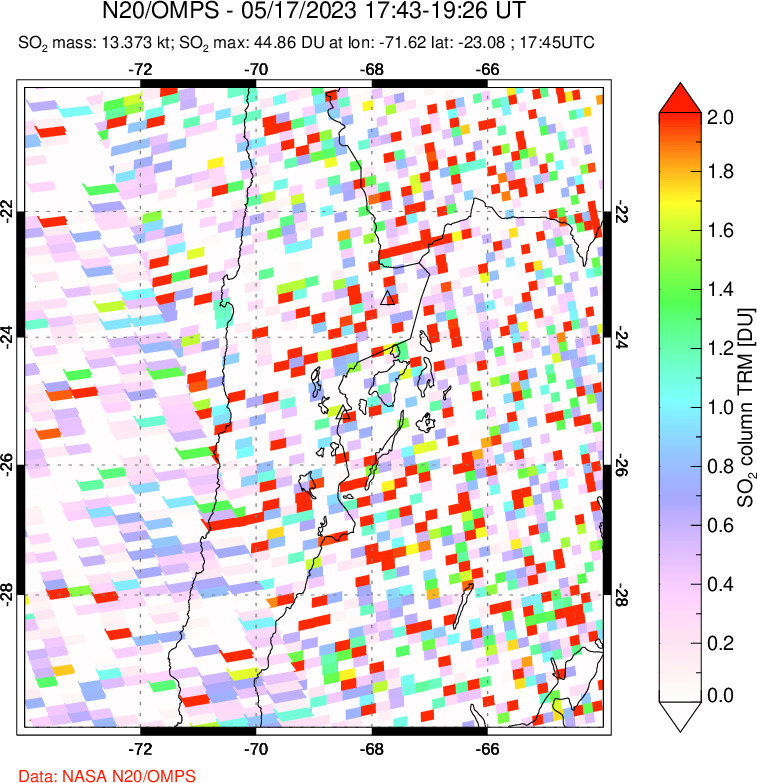 A sulfur dioxide image over Northern Chile on May 17, 2023.