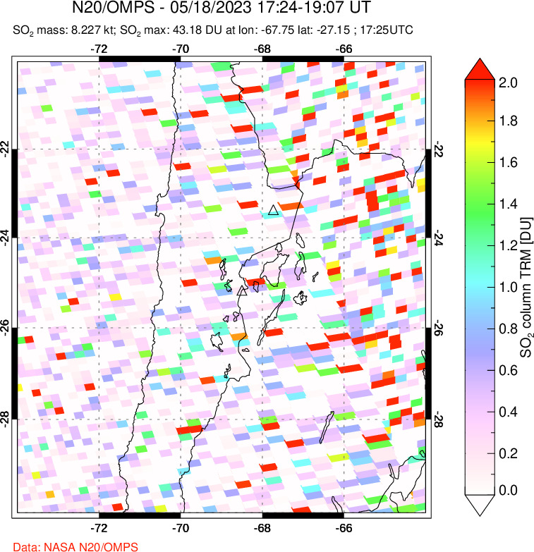 A sulfur dioxide image over Northern Chile on May 18, 2023.