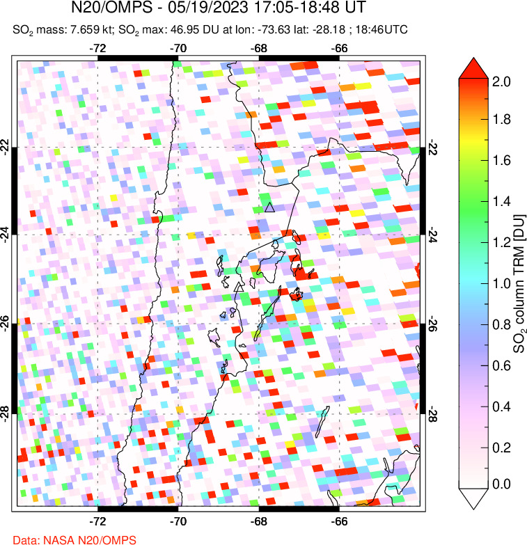 A sulfur dioxide image over Northern Chile on May 19, 2023.