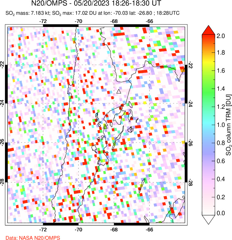 A sulfur dioxide image over Northern Chile on May 20, 2023.