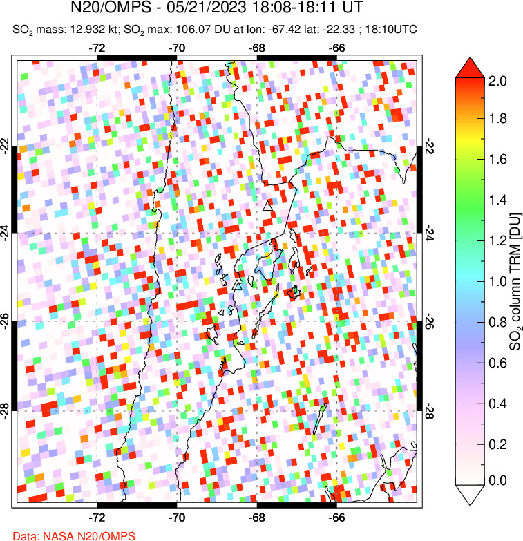 A sulfur dioxide image over Northern Chile on May 21, 2023.