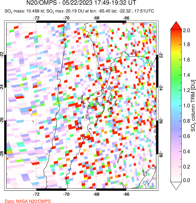 A sulfur dioxide image over Northern Chile on May 22, 2023.