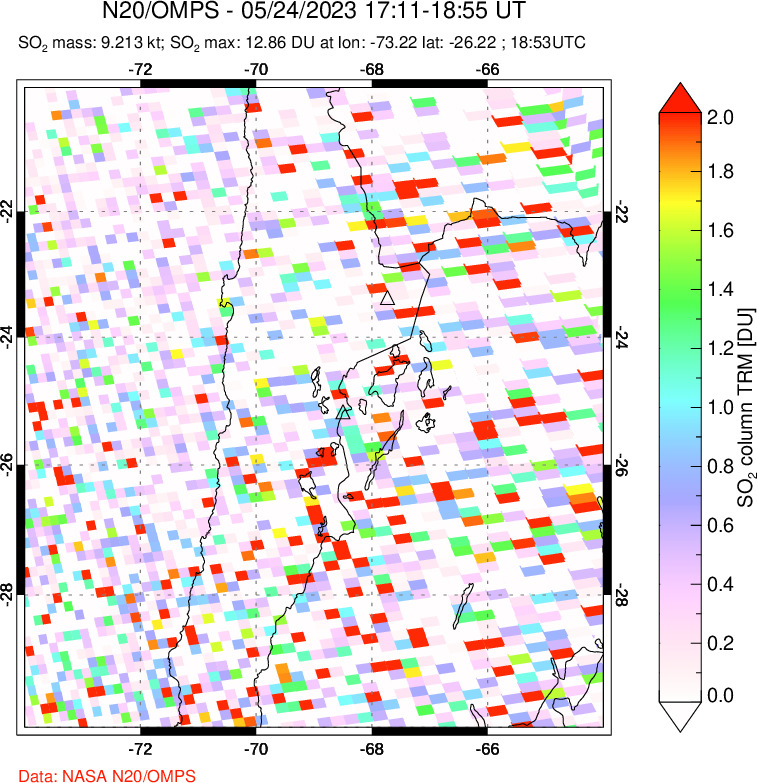 A sulfur dioxide image over Northern Chile on May 24, 2023.