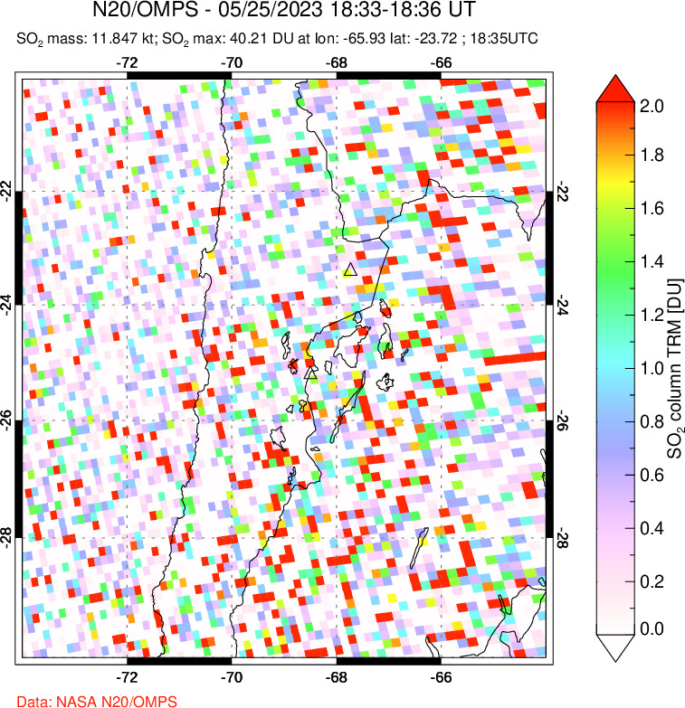 A sulfur dioxide image over Northern Chile on May 25, 2023.