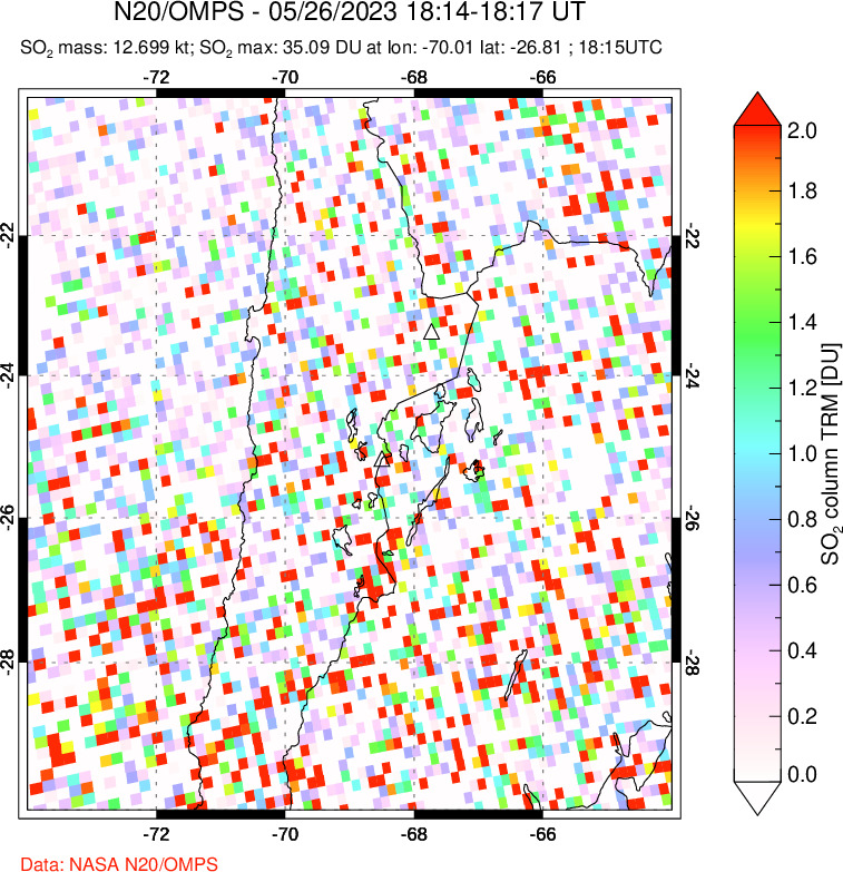 A sulfur dioxide image over Northern Chile on May 26, 2023.