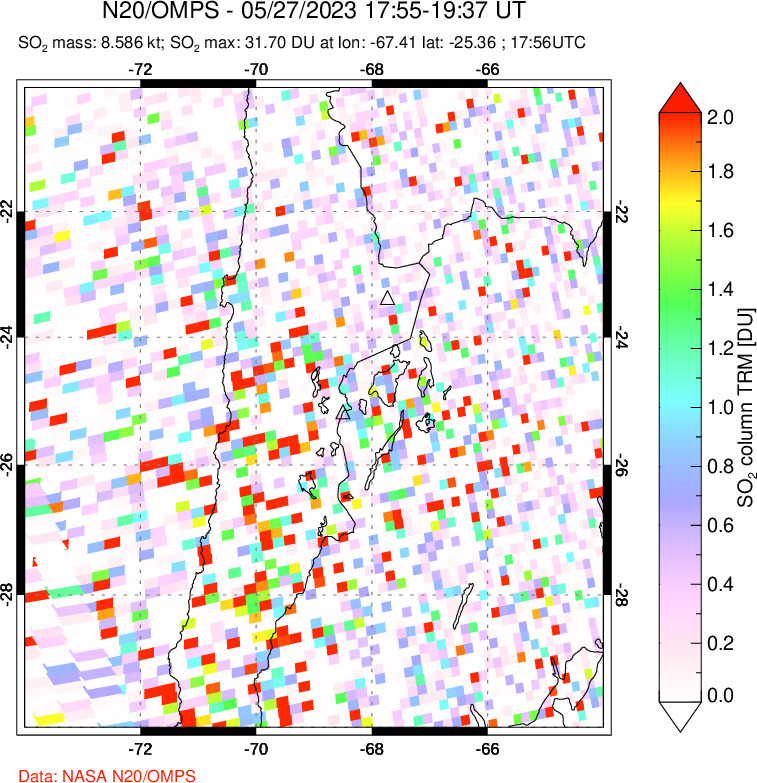 A sulfur dioxide image over Northern Chile on May 27, 2023.