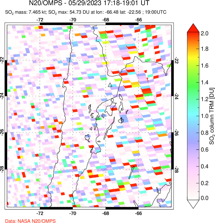 A sulfur dioxide image over Northern Chile on May 29, 2023.