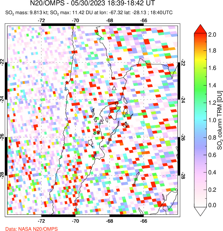 A sulfur dioxide image over Northern Chile on May 30, 2023.