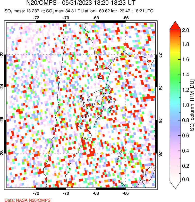 A sulfur dioxide image over Northern Chile on May 31, 2023.