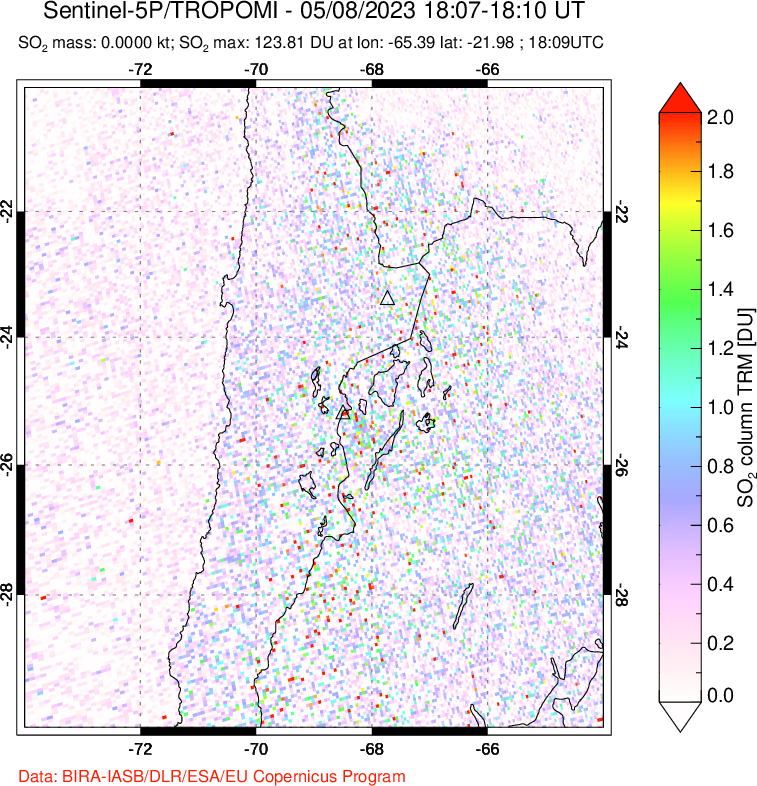 A sulfur dioxide image over Northern Chile on May 08, 2023.