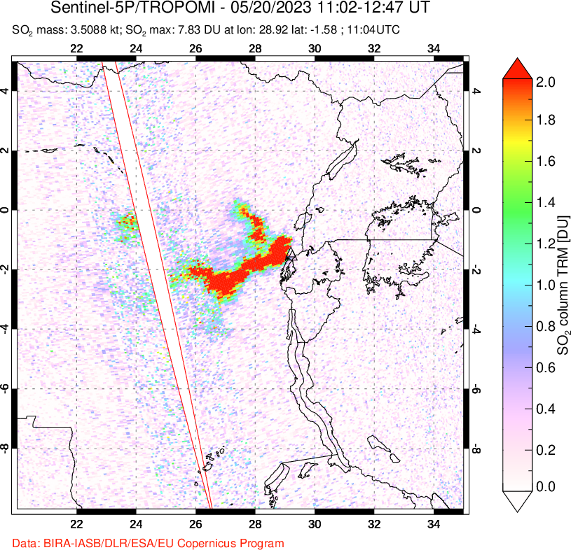 A sulfur dioxide image over Nyiragongo, DR Congo on May 20, 2023.
