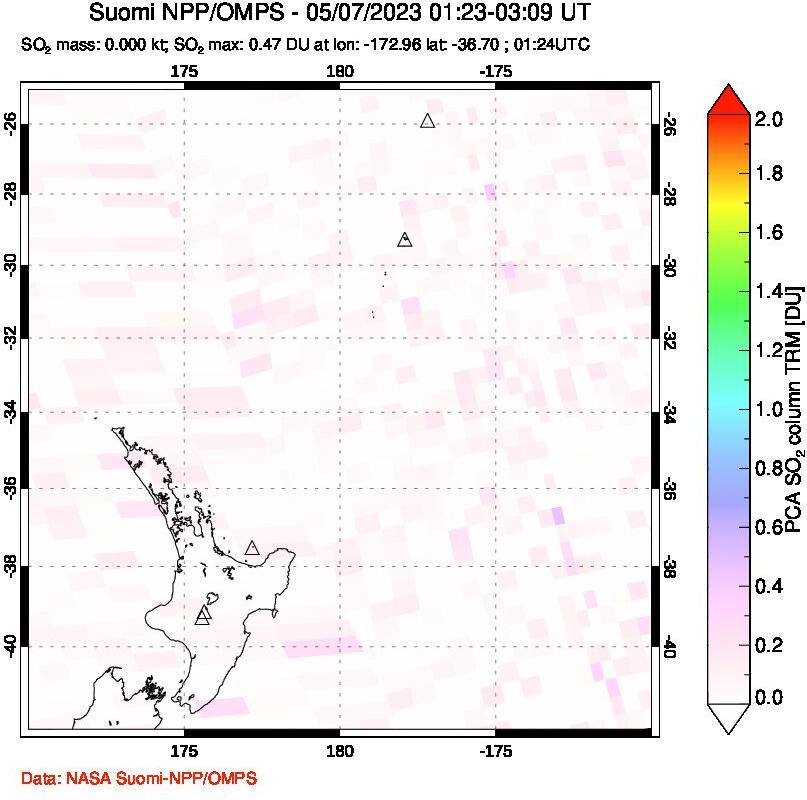A sulfur dioxide image over New Zealand on May 07, 2023.