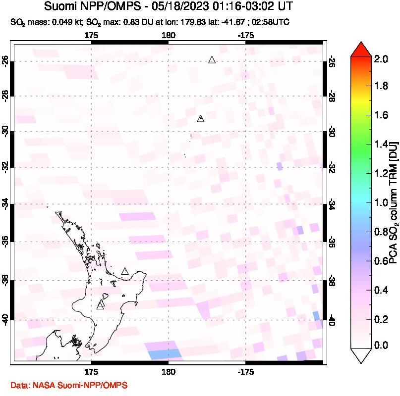 A sulfur dioxide image over New Zealand on May 18, 2023.