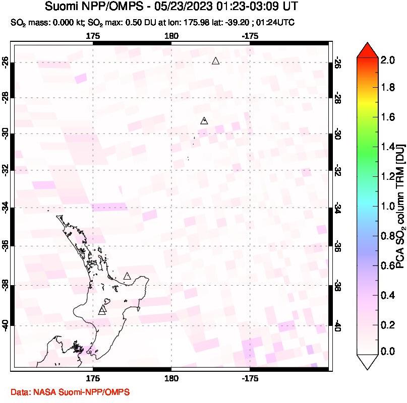 A sulfur dioxide image over New Zealand on May 23, 2023.