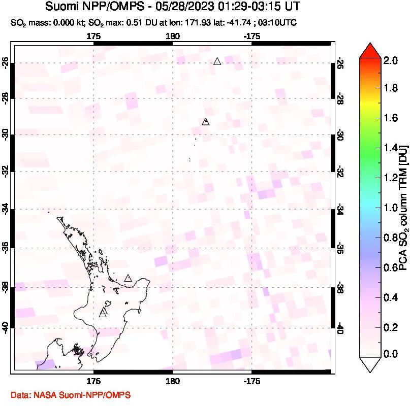 A sulfur dioxide image over New Zealand on May 28, 2023.