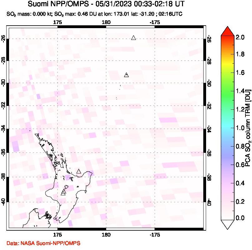 A sulfur dioxide image over New Zealand on May 31, 2023.