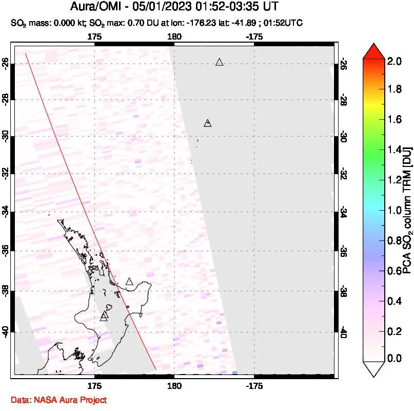 A sulfur dioxide image over New Zealand on May 01, 2023.