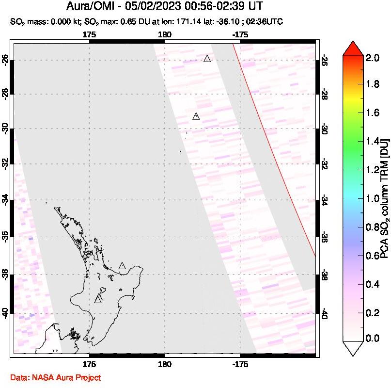 A sulfur dioxide image over New Zealand on May 02, 2023.