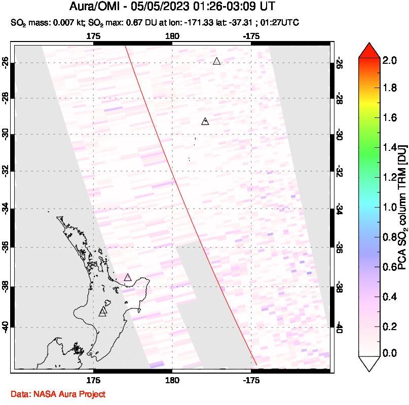 A sulfur dioxide image over New Zealand on May 05, 2023.