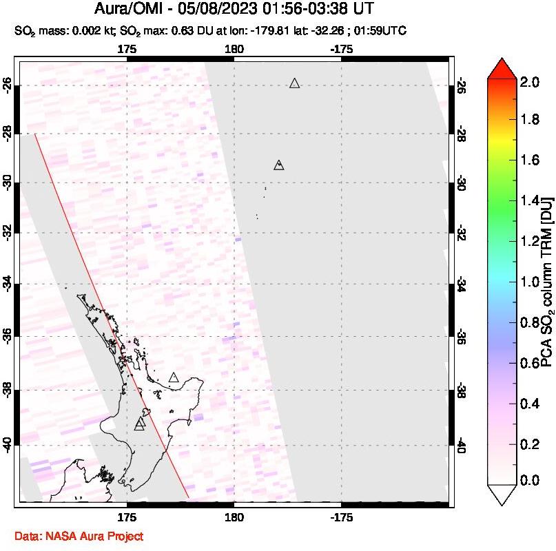 A sulfur dioxide image over New Zealand on May 08, 2023.