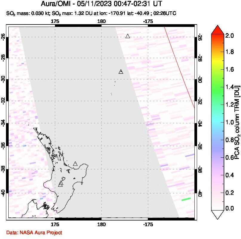 A sulfur dioxide image over New Zealand on May 11, 2023.