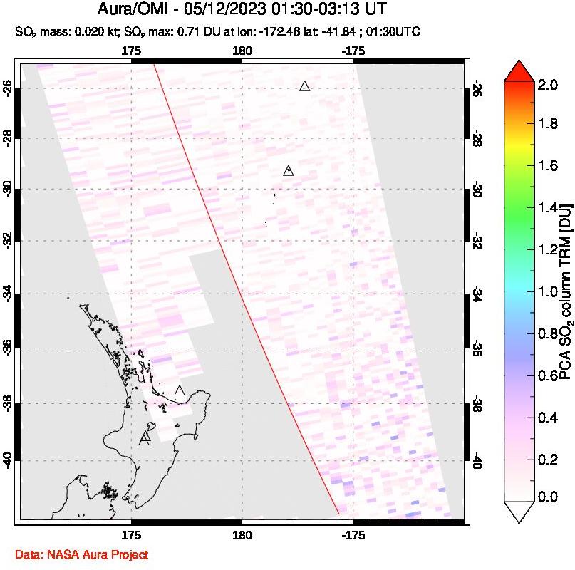 A sulfur dioxide image over New Zealand on May 12, 2023.