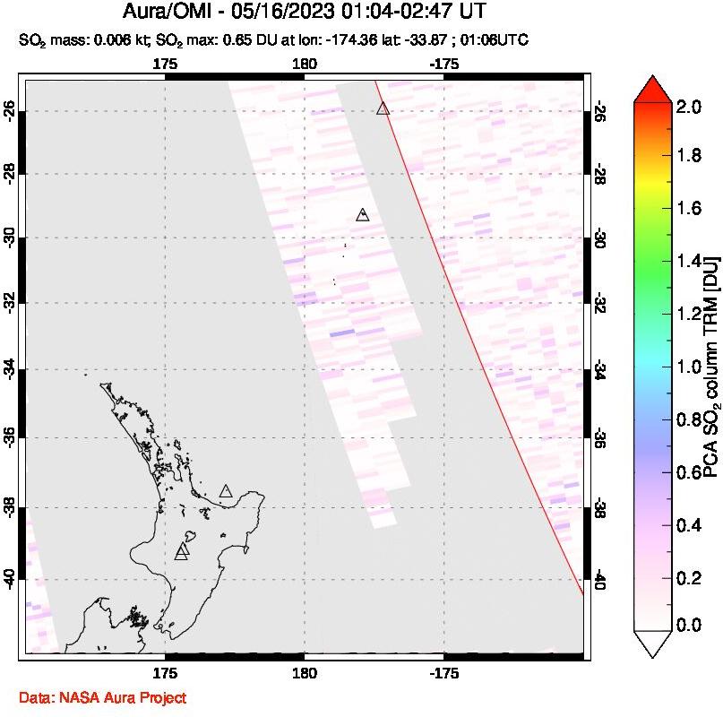 A sulfur dioxide image over New Zealand on May 16, 2023.