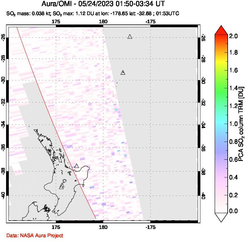 A sulfur dioxide image over New Zealand on May 24, 2023.