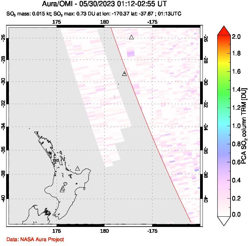 A sulfur dioxide image over New Zealand on May 30, 2023.