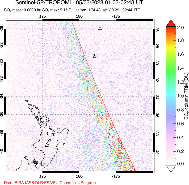A sulfur dioxide image over New Zealand on May 03, 2023.