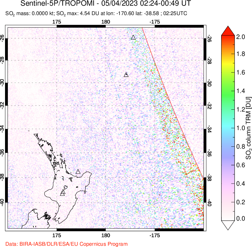 A sulfur dioxide image over New Zealand on May 04, 2023.