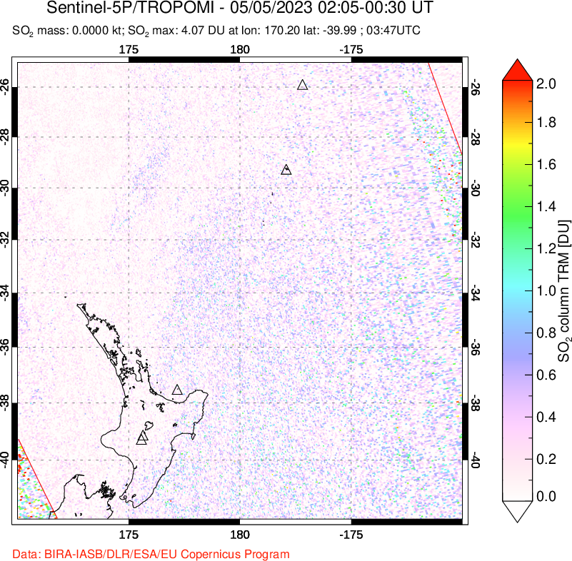 A sulfur dioxide image over New Zealand on May 05, 2023.