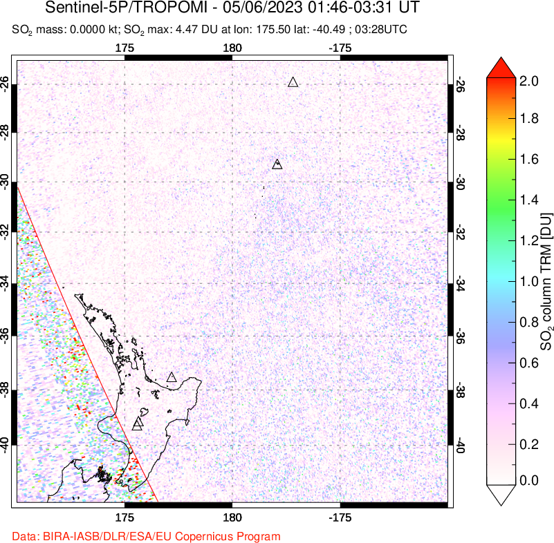 A sulfur dioxide image over New Zealand on May 06, 2023.