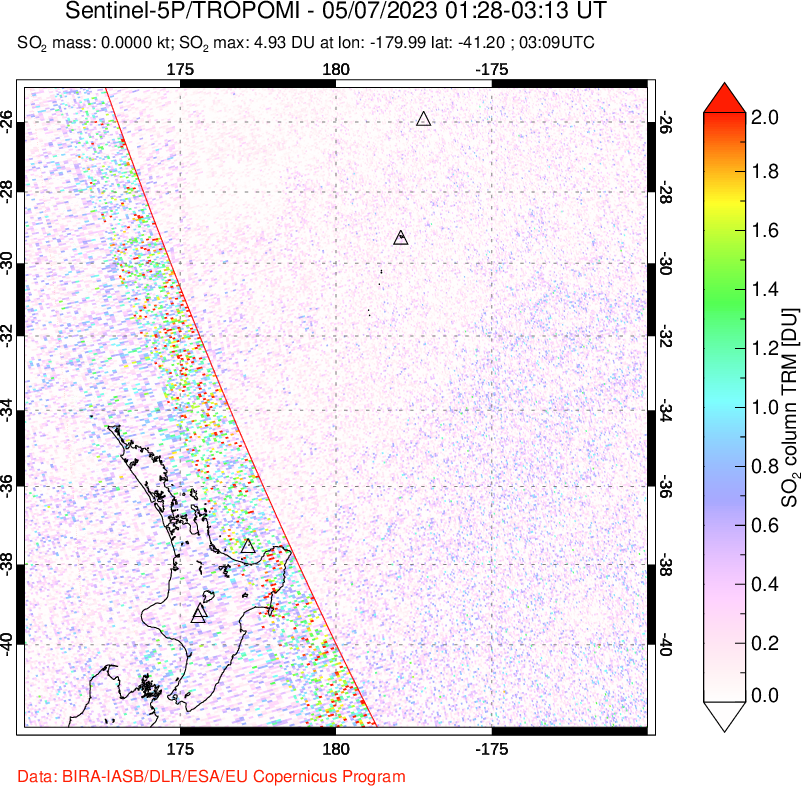 A sulfur dioxide image over New Zealand on May 07, 2023.