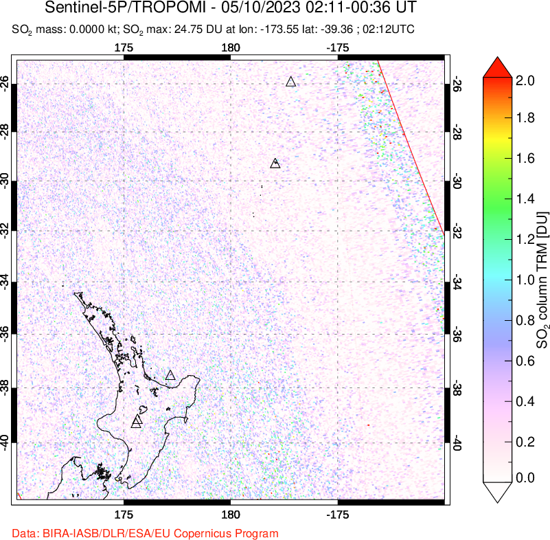 A sulfur dioxide image over New Zealand on May 10, 2023.