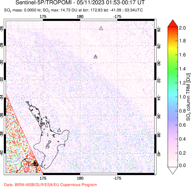A sulfur dioxide image over New Zealand on May 11, 2023.
