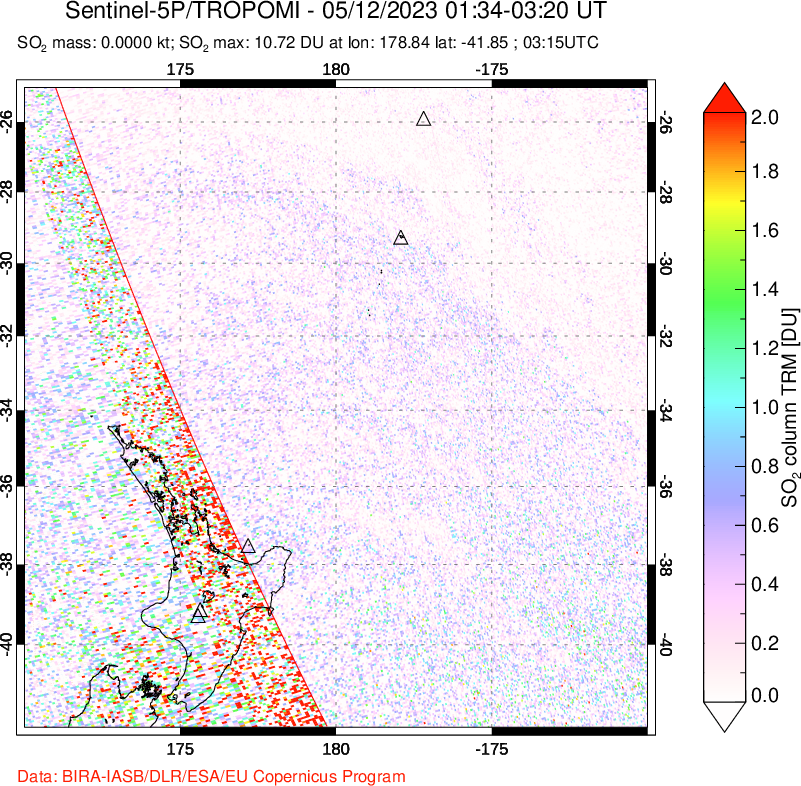 A sulfur dioxide image over New Zealand on May 12, 2023.