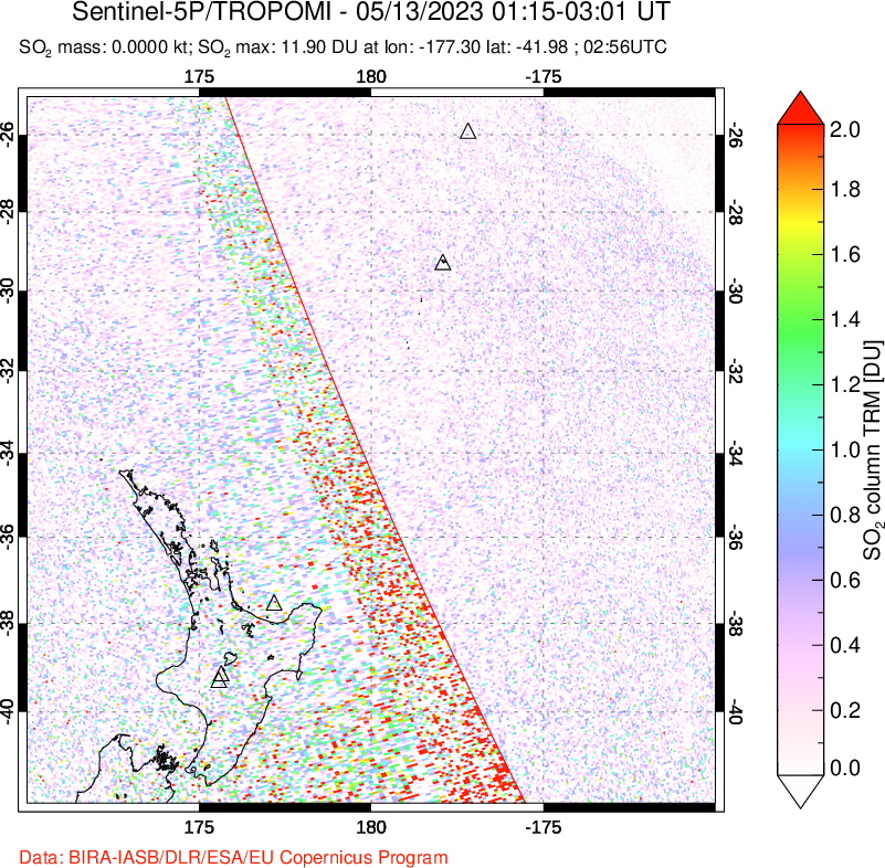 A sulfur dioxide image over New Zealand on May 13, 2023.