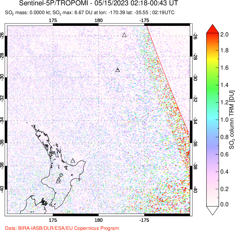 A sulfur dioxide image over New Zealand on May 15, 2023.