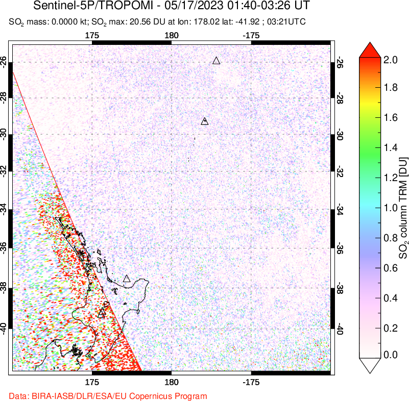 A sulfur dioxide image over New Zealand on May 17, 2023.